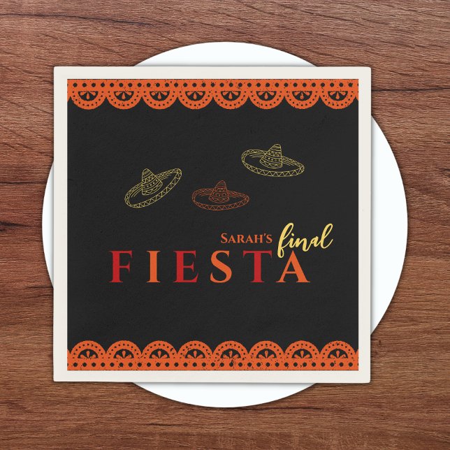Slutgiltigt Fiesta Mexican Bachelorette Party Pappersservett (Final fiesta mexican bachelorette party napkins sombreros and papel picado red, orange and yellow)