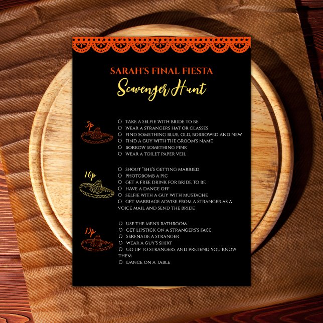 Slutlig Fiesta Bachelorette Game Scavenger Hunt Kort (bachelorette party game scavenger hunt mexican final fiesta bachelorette party activities)