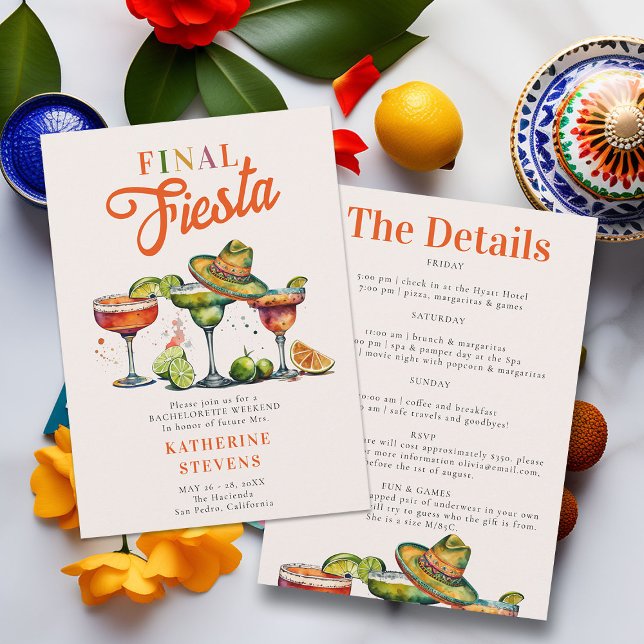 Slutlig Fiesta Margaritas Bachelorette Helg Inbjudningar (final fiesta bachelorette bridesmaids weekend invitation itinerary margarita tequila colorful classy)