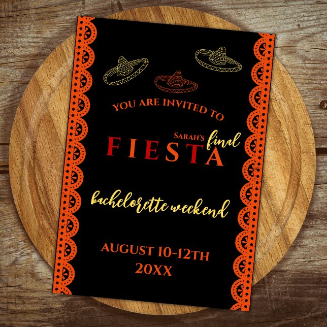 Slutlig Fiesta Mexican Bachelorette Helg Inbjudningar (final fiesta bachelorette party invitation orange and red sombreros mexican themed )