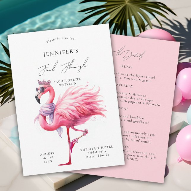 Slutlig flamingle Cute Funny Bachelorette Itinerar Inbjudningar (final flamingle bachelorette party invitation itinerary pink flamingo tropical funny watercolor fun)