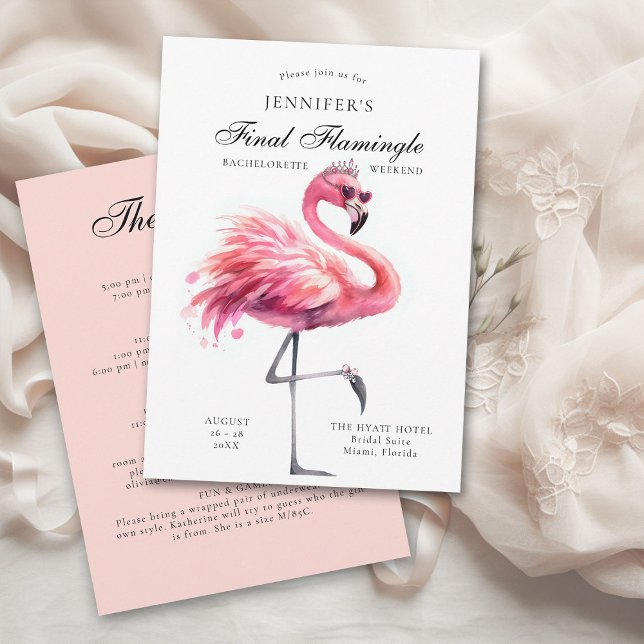 Slutlig Flamingle Funny Bachelorette Party Itinera Inbjudningar (final flamingle bachelorette party invitation itinerary pink flamingo tropical fun funny watercolor )