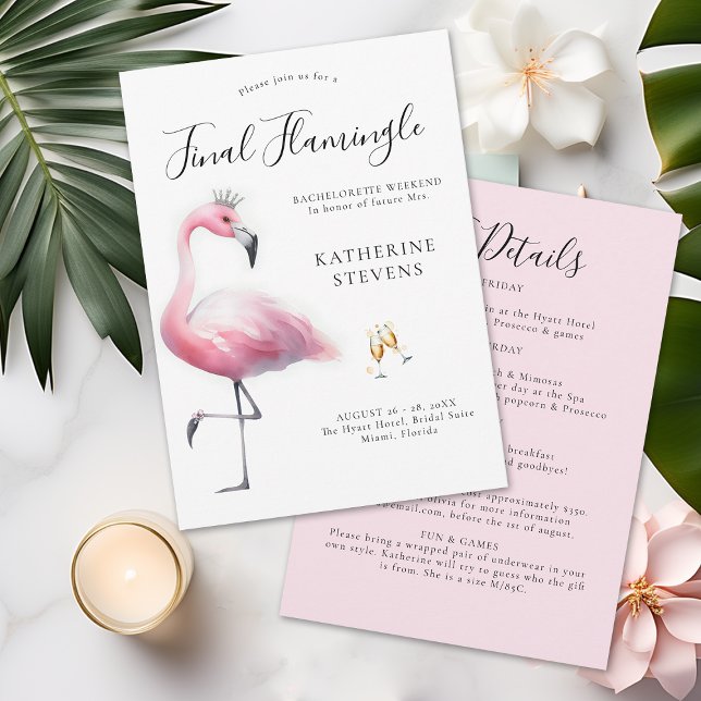 Slutlig lamingle-Roligt Bachelorette Party Itinera Inbjudningar (final flamingle bachelorette party invitation itinerary invite tropical pink flamingo tiara fun cute)