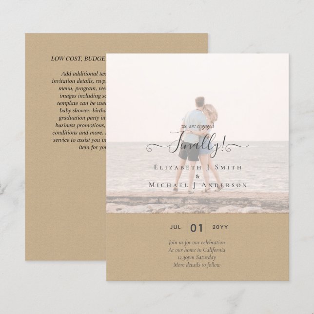 Slutligen är vi engagerade! Bröllop-annonseringsFO (Fram/baksida)