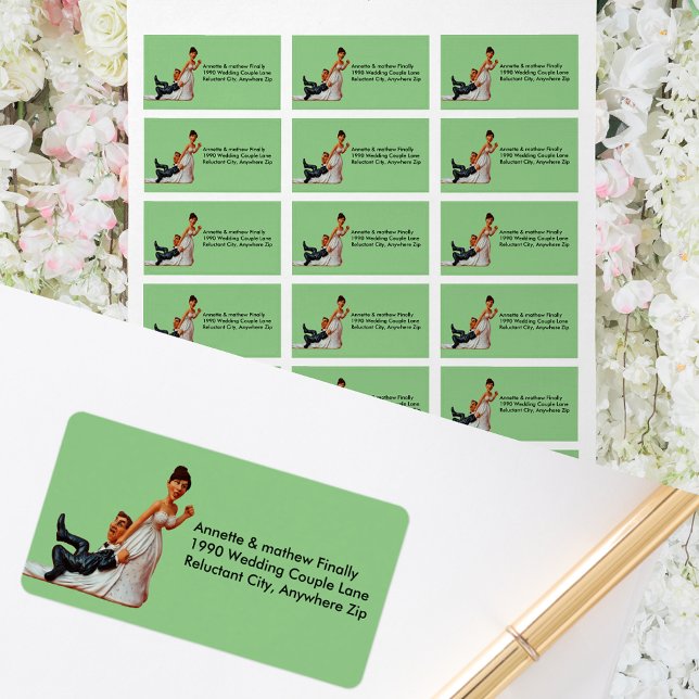 Slutligen Bröllop par Funny Brown Hair-etikett Adressetikett (Finally Wedding Couple Funny Brown Hair Address Label)
