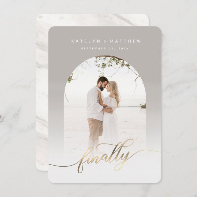 Slutligen, Guld Script Light Grått Arch-ramfoto Spara Datumet (Fram/baksida)