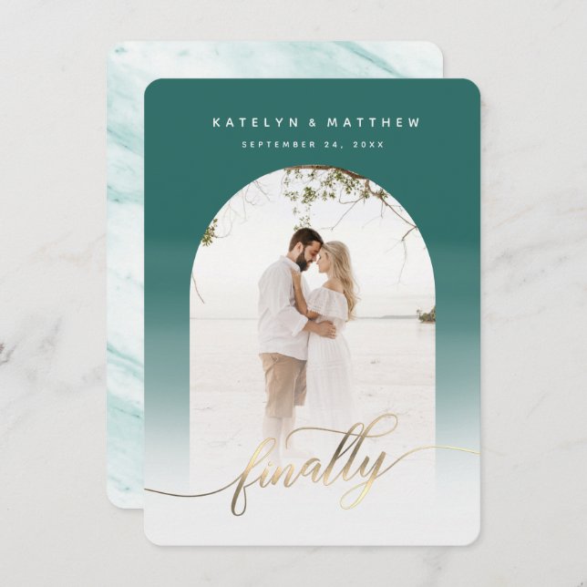 Slutligen, Guld-skript Emerald Arched Framed Photo Spara Datumet (Fram/baksida)