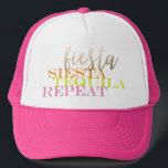 Slutligt Anpassade av Fiesta Bachelorette Favor Keps<br><div class="desc">Fira din Bachelorette med en sista fiesta! Anpassadets truckerkeps är en underbar partiförmån för alla gäster till en episk bachelorette fiesta! Bilden "Fiesta siesta tequila repetera" är färgstark och ljus med modern typografi, så kan användas på vilken färg som helst, men den vita bakgrunden gör att den försvinner! Grafikens storlek...</div>