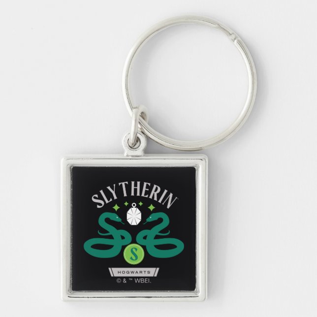 SLYTHERIN™ House Dubbla Snake Locket Graphic Fyrkantig Silverfärgad Nyckelring (Framsidan)