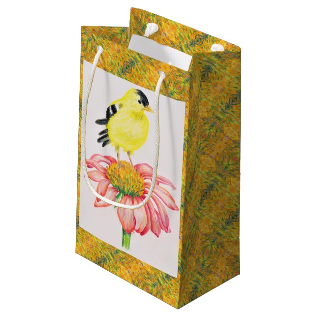 Sm Gift Bag Goldfinch på Coneflower (Baksidan Vinklad)