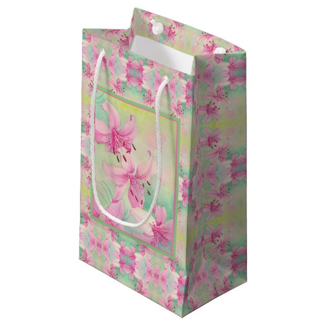 Sm Gift Bag Rosa Watercolor Lilies (Framsidan Vinklad)