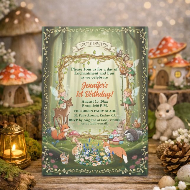 Små Älvor Whimsical Skog 1-års Födelsedagsfest Inbjudningar (Skapare uppladdad)