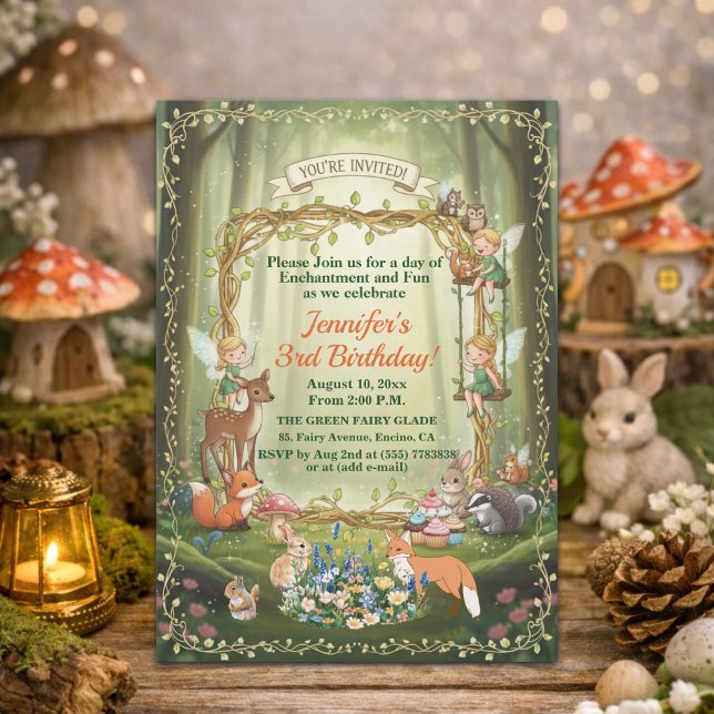 Små Älvor Whimsical Skog 3-års Födelsedagsfest Inbjudningar (Skapare uppladdad)