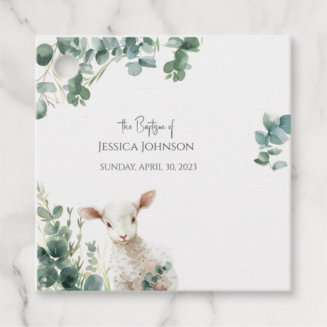 Små Baby Lamb och eukalyptus baptism Gåvor Etiketter (Framsida)
