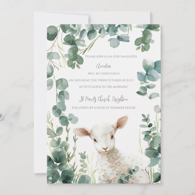 Små Baby Lamb och eukalyptus baptism Inbjudningar (Framsida)