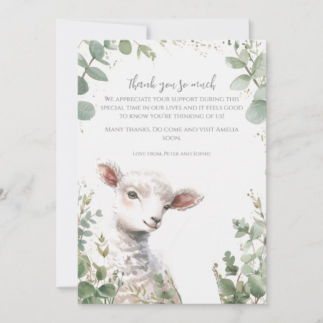 Små Baby Lamb och eukalyptus baptism Tack Kort (Framsida)