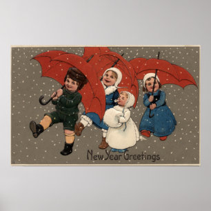 Små barn med Umbrellas Poster