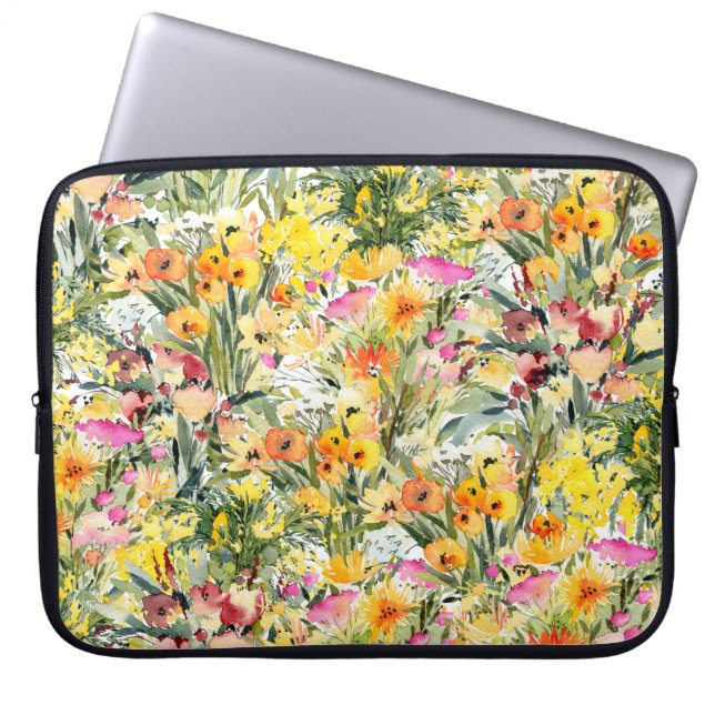 Små blommor, Fält: Ljus vattenfärg. Laptop Fodral (Framsidan)