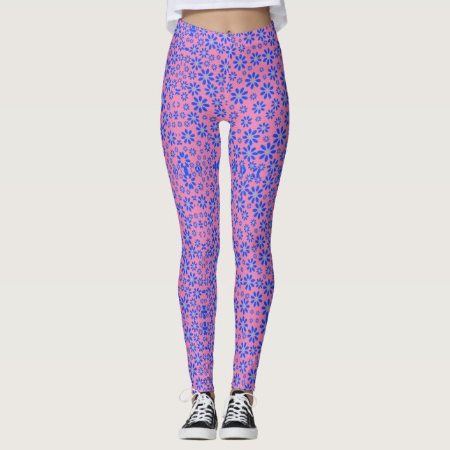 Små blommor Mönster.Blue 01.b Rosa BG Leggings (Framsida)