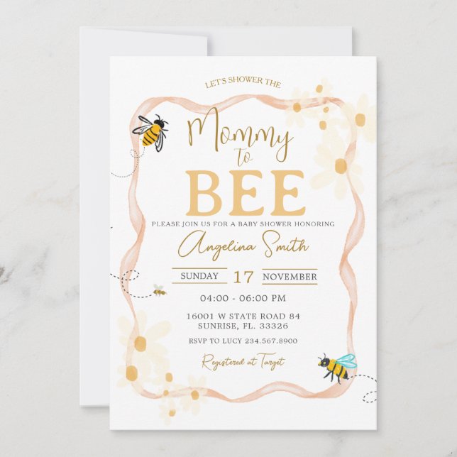 Små Daisy Bee Baby Shower Mamma till Bee Inbjudningar (Framsida)