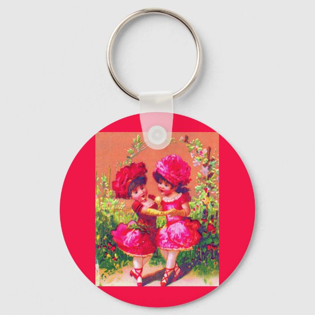 Små dansare med viktoriskt handelskort i rosa nyckelring (Framsida)