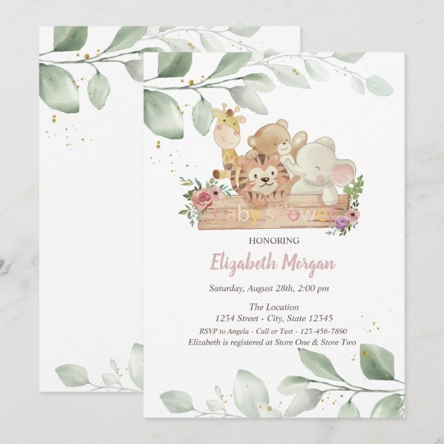Små djur Blommor Löv Baby Shower Inbjudan (Fram/baksida)