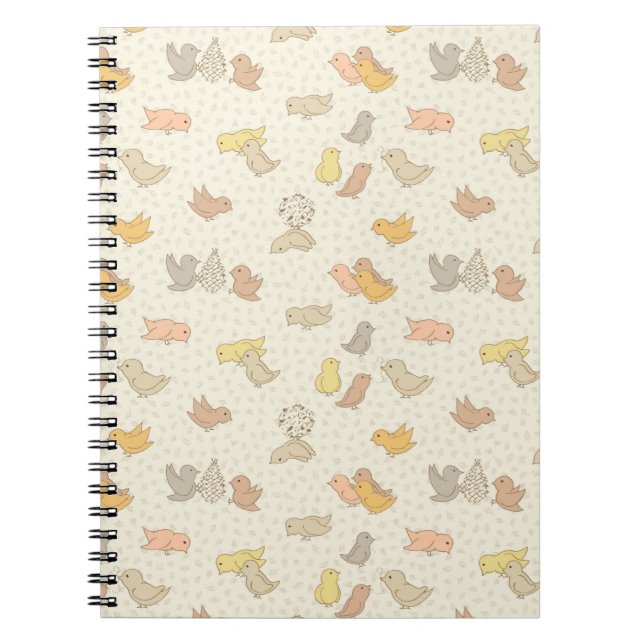 Små fåglar och fjädrar på beige - mönster.    anteckningsbok (Framsidan)
