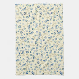 Små fåglar på kvistar. Räler, blåa fåglar, kräm. Kökshandduk