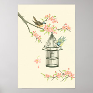 Små fåglar Perched på Gren och på en fågelburk Poster