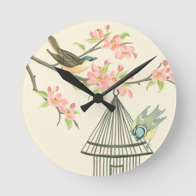 Små fåglar Perched på Gren och på en fågelburk Rund Klocka (Framsida)