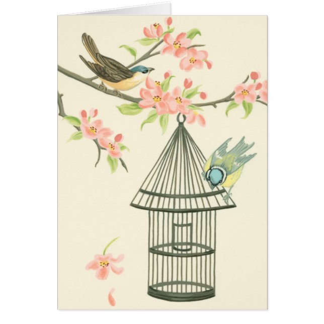Små fåglar som lever på en Gren och på en fågelbur Hälsningskort (Framsidan)