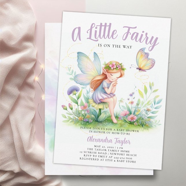 Små fjärilshuggare i Flicka Inbjudningar (a little fairy girl baby shower invitation enchanted forest garden magical butterfly purple pink)