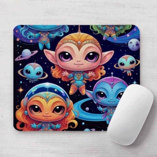 Små flärgade utomjordingar i rymden musmatta (Mousepad durable dust and stain resistant non -slip rubber backing. D: 9.25" L x 7.75"W. 
)