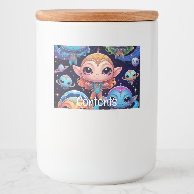 Små flerfärgade Utomjordingar i rymden Mat Etiketter (Framsida)