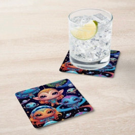 Små flerfärgade Utomjordingar i rymden Underlägg Papper Kvadrat