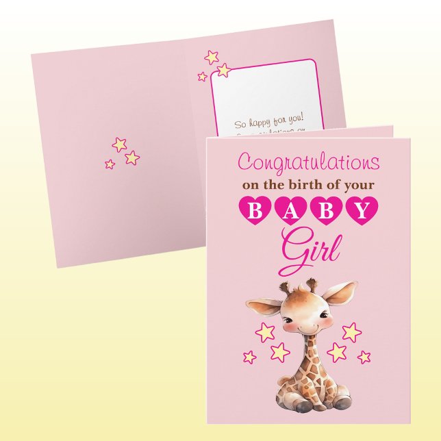Små flicka gratulationer giraff rosa kort (Skapare uppladdad)