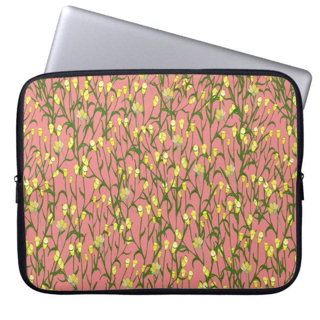 Små gula blommor och grenar på rosa laptop fodral (Framsidan)
