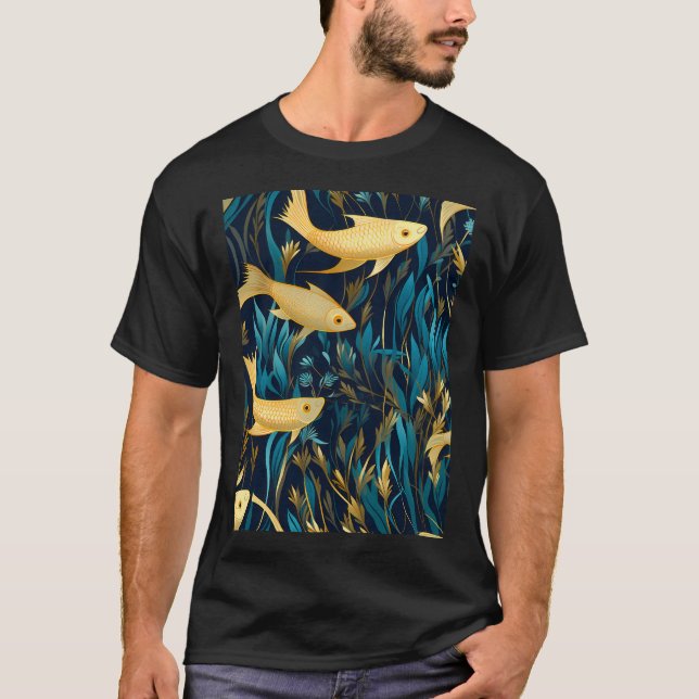 Små gula fiskar i blåa alger t shirt (Framsida)