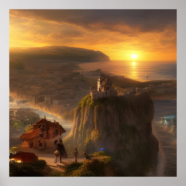 Små hus på en klippgräns till havs och sol poster (Framsidan)