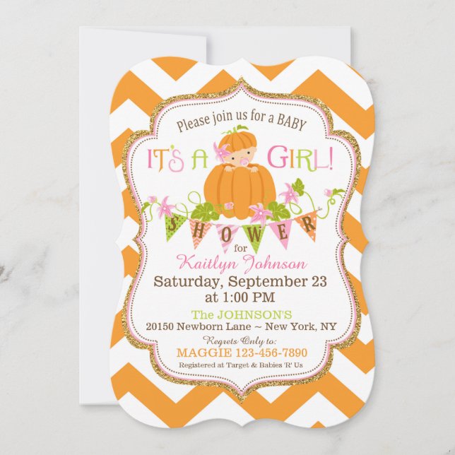 Små inbjudningar till Pumpkin Girl Fall Baby Showe (Framsida)