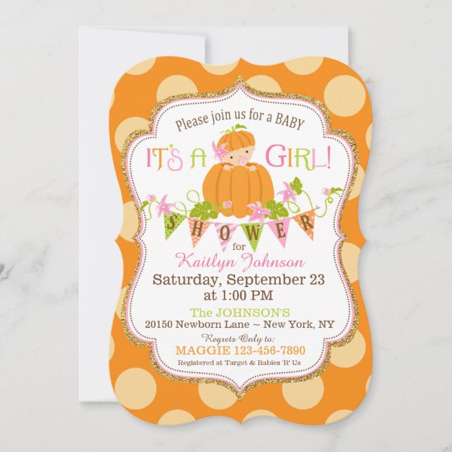 Små inbjudningar till Pumpkin Girl Fall Baby Showe (Framsida)