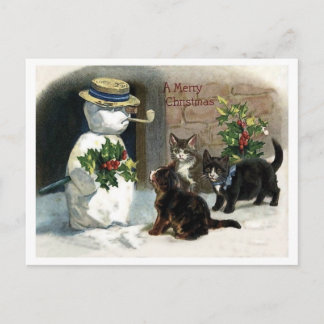 Små katter runt julgranens snöman, vintage vykort