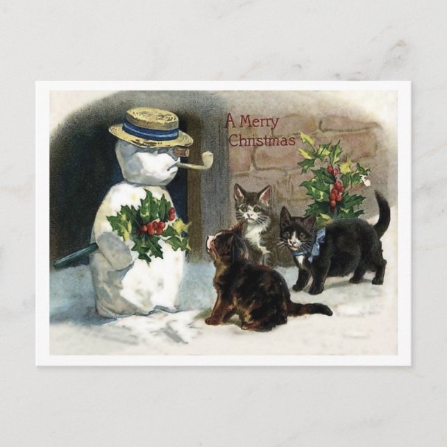 Små katter runt julgranens snöman, vintage vykort (Framsida)