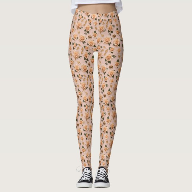 Små krämfärgade och gyllene rosor leggings (Framsida)