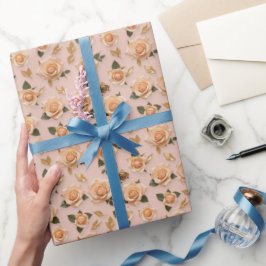 Små krämfärgade och gyllene rosor presentpapper