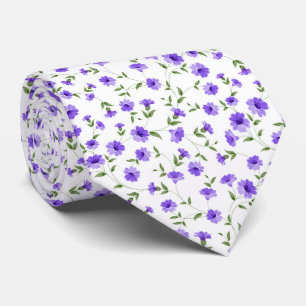 Små lila blommor och blad på vit bakgrund slips
