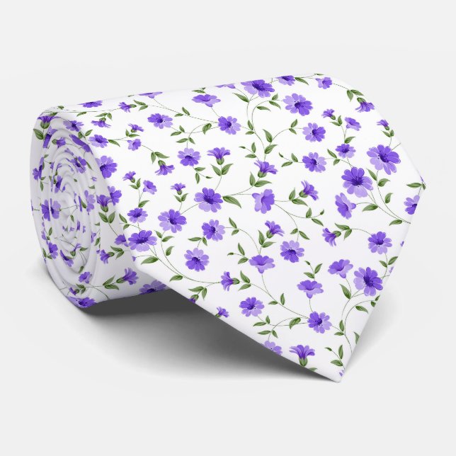 Små lila blommor och blad på vit bakgrund slips (Rullad)