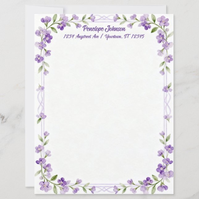 Små lila blommor på en ram brevpapper (Framsida)
