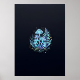 Små lysande svamp-poster med ormbunkar i fantasisk poster