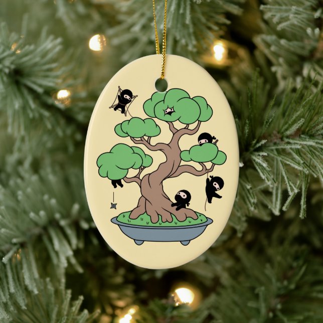 Små Ninjas i Bonsai Träd i Gult Julgransprydnad Keramik (Träd)